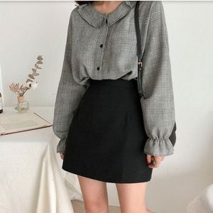 Black Bell-Sleeve Ruffle - Trim Plaid Blouse